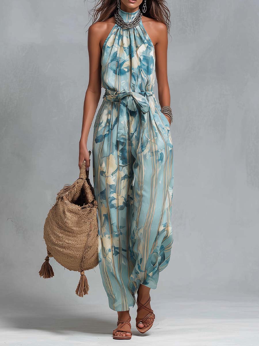 Bohemian Halter Floral Stripe Wide-Leg Jumpsuit With Waist Tie