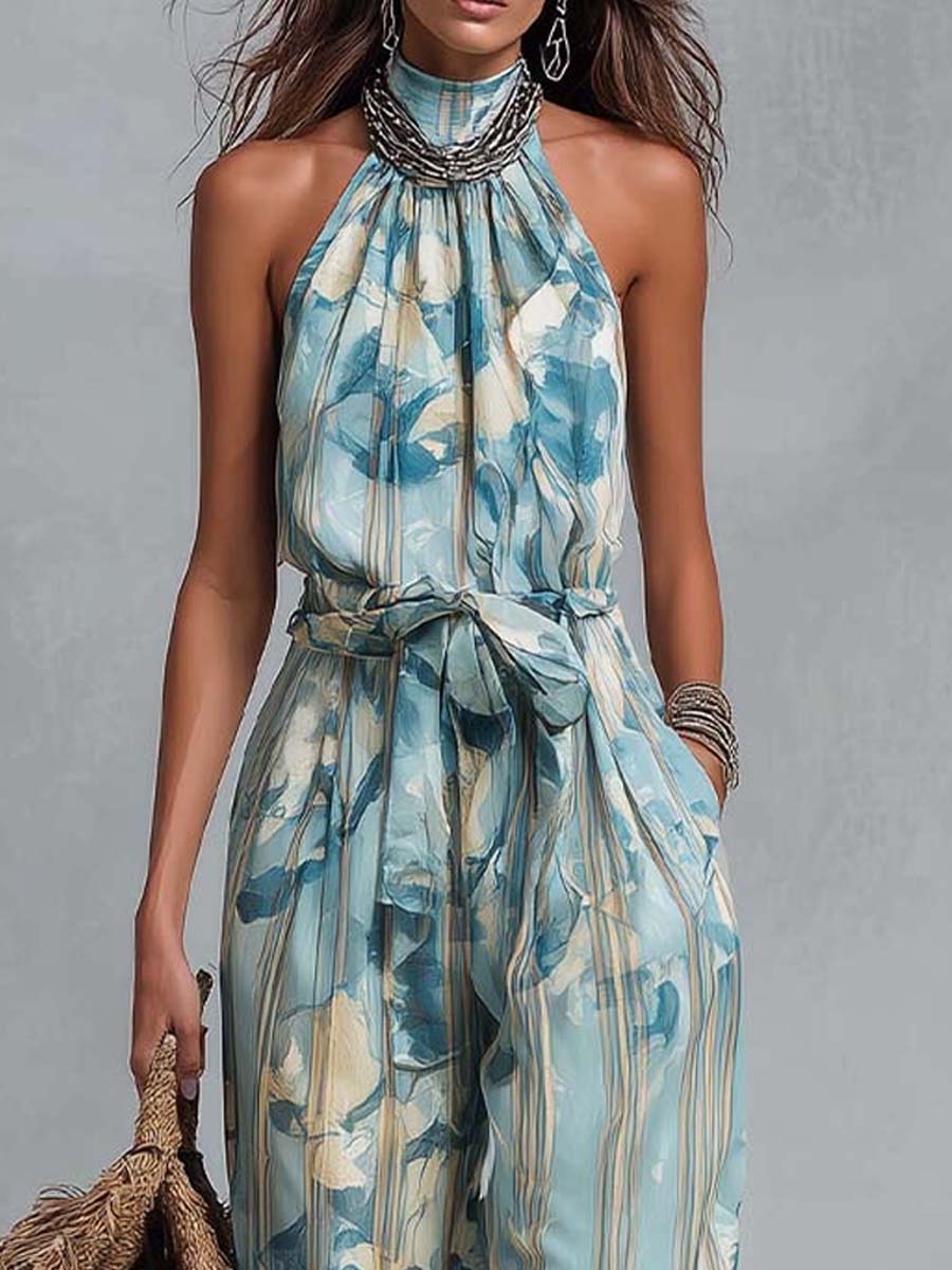 Bohemian Halter Floral Stripe Wide-Leg Jumpsuit With Waist Tie - Image 2