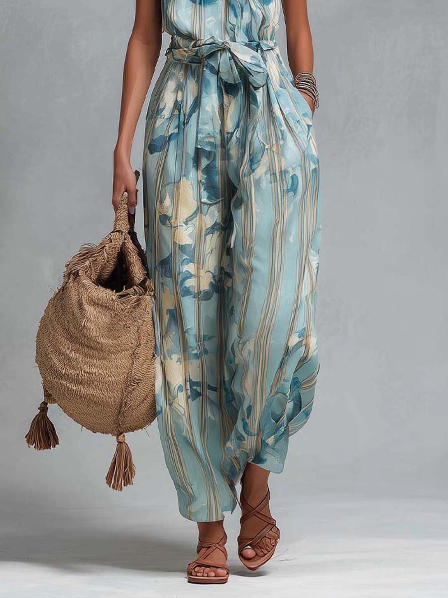 Bohemian Halter Floral Stripe Wide-Leg Jumpsuit With Waist Tie - Image 3