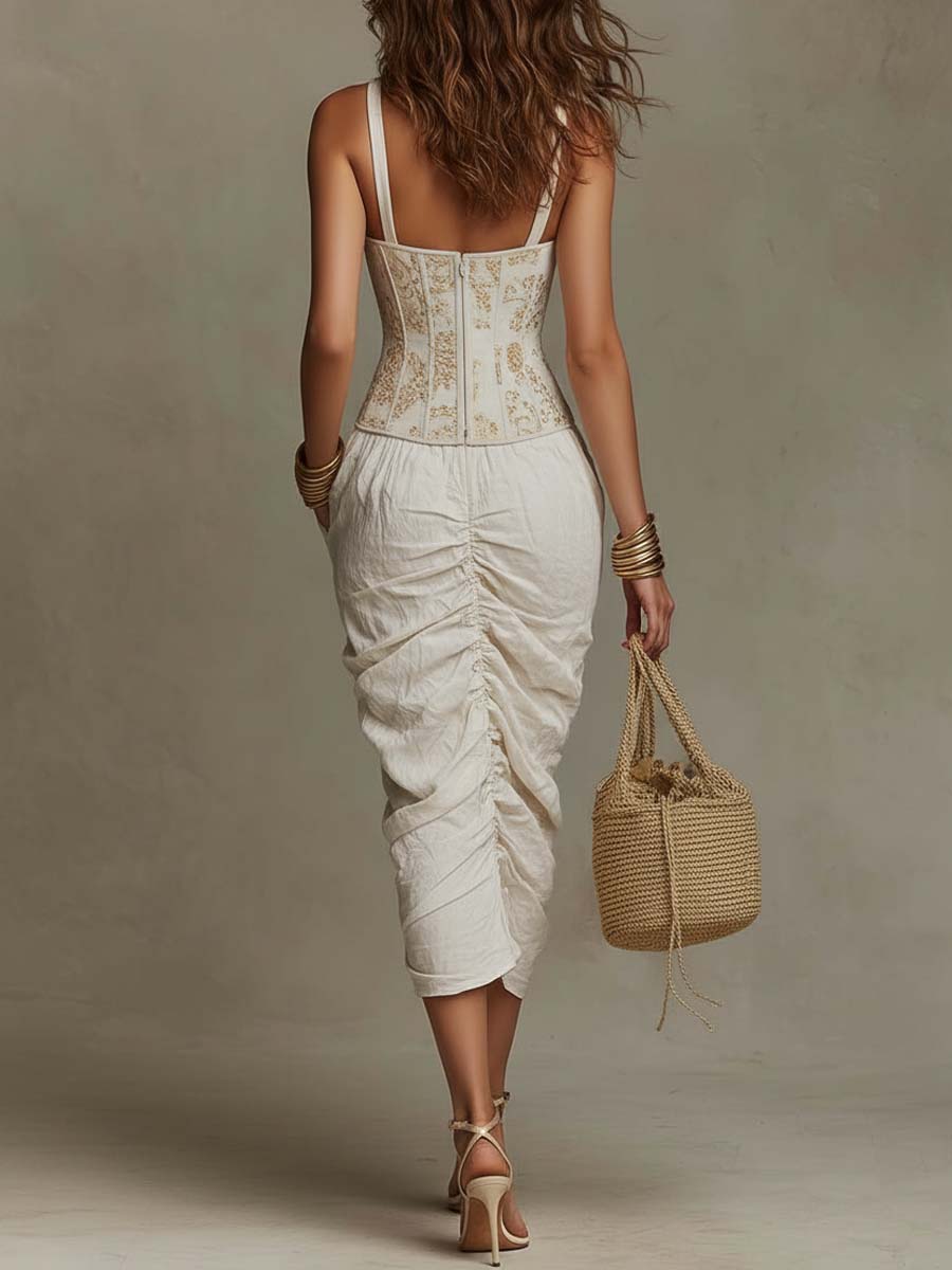 Bohemian Halter Gold Lace Corset & Cotton-Linen Ruched Midi Dress - Image 2