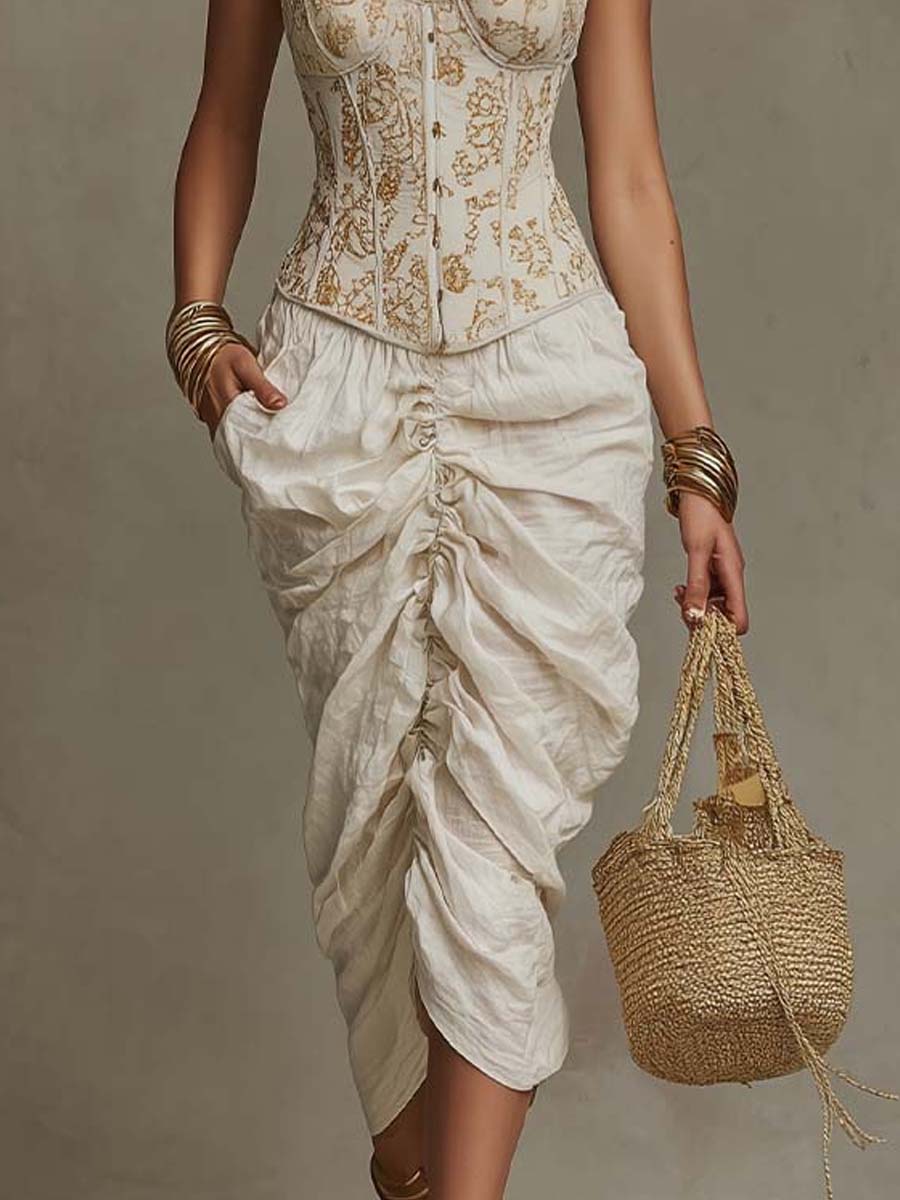 Bohemian Halter Gold Lace Corset & Cotton-Linen Ruched Midi Dress - Image 5