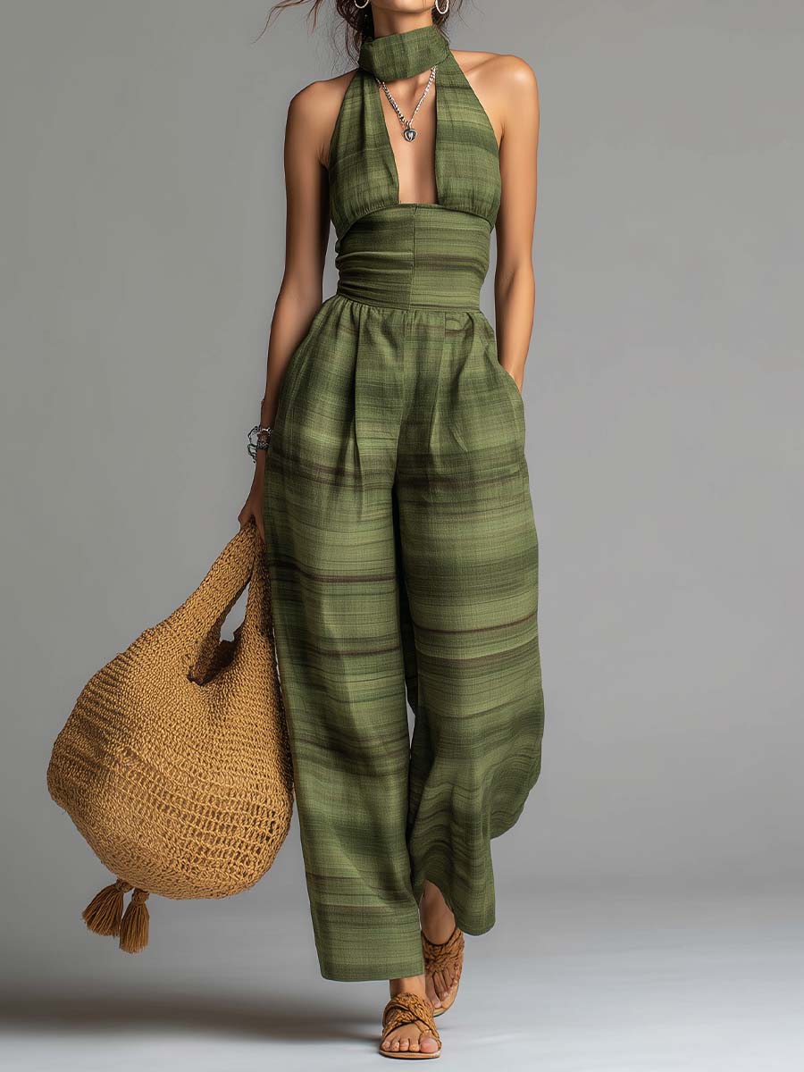 Bohemian Halter High-Neck Wide-Leg Jumpsuit
