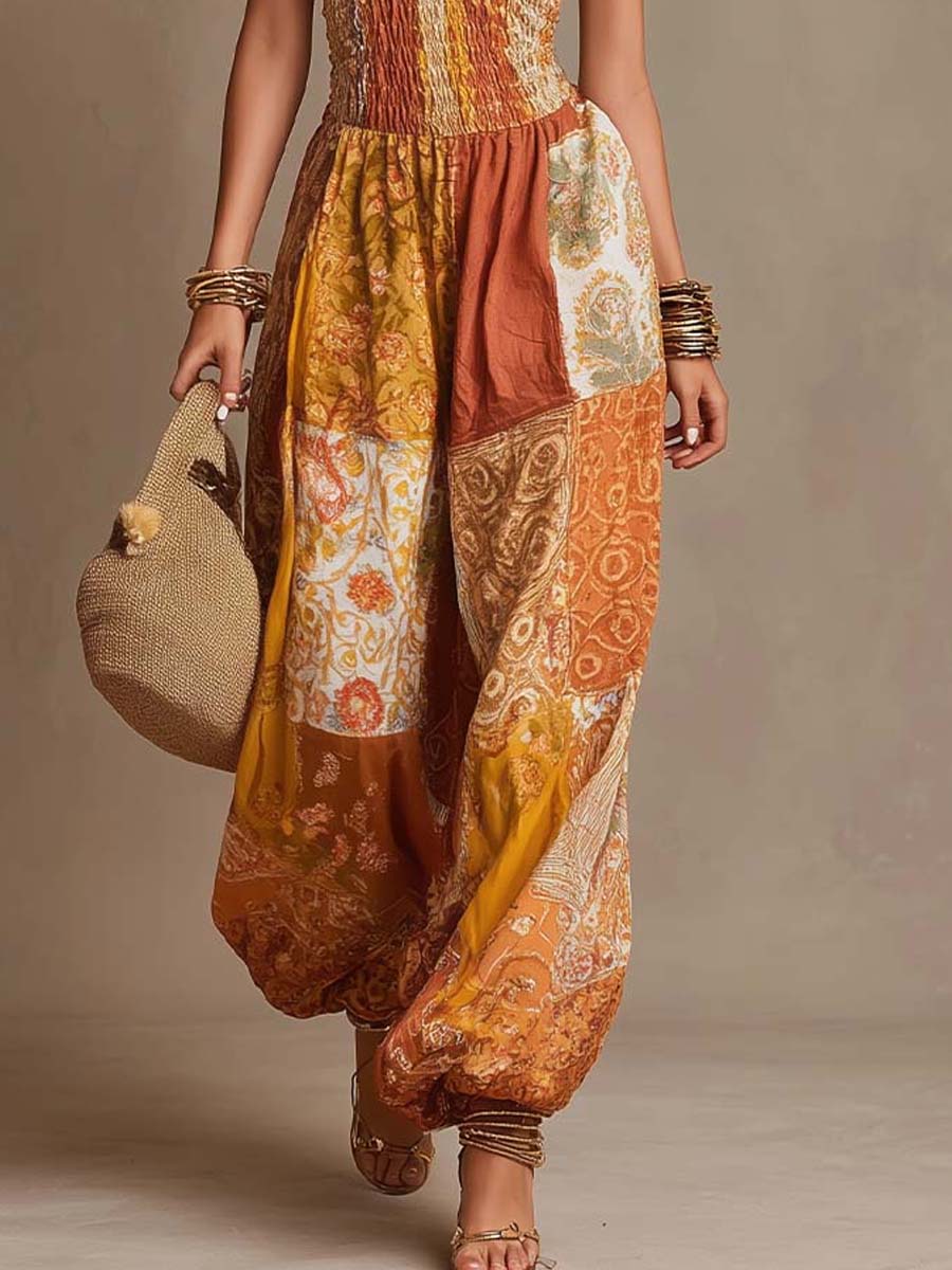 Bohemian Halter Patchwork Print Balloon-Leg Jumpsuit - Image 3