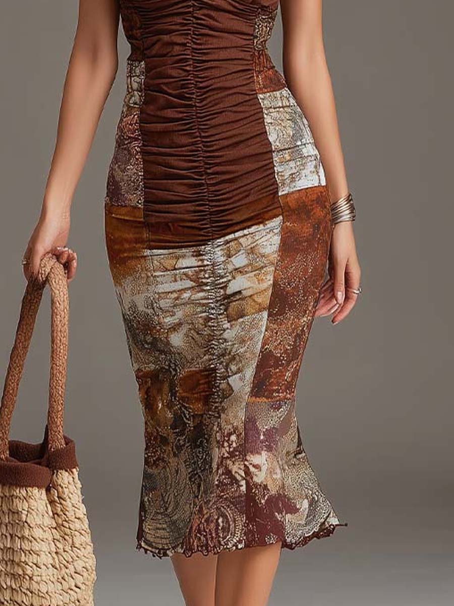 Bohemian Halter Patchwork Print Ruched Midi Dress - Image 3
