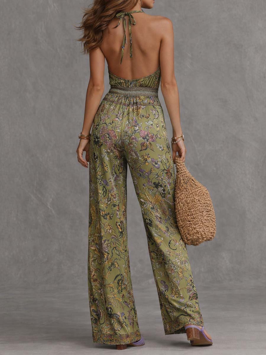 Bohemian Satin Halter Print Wide-Leg Jumpsuit - Image 3