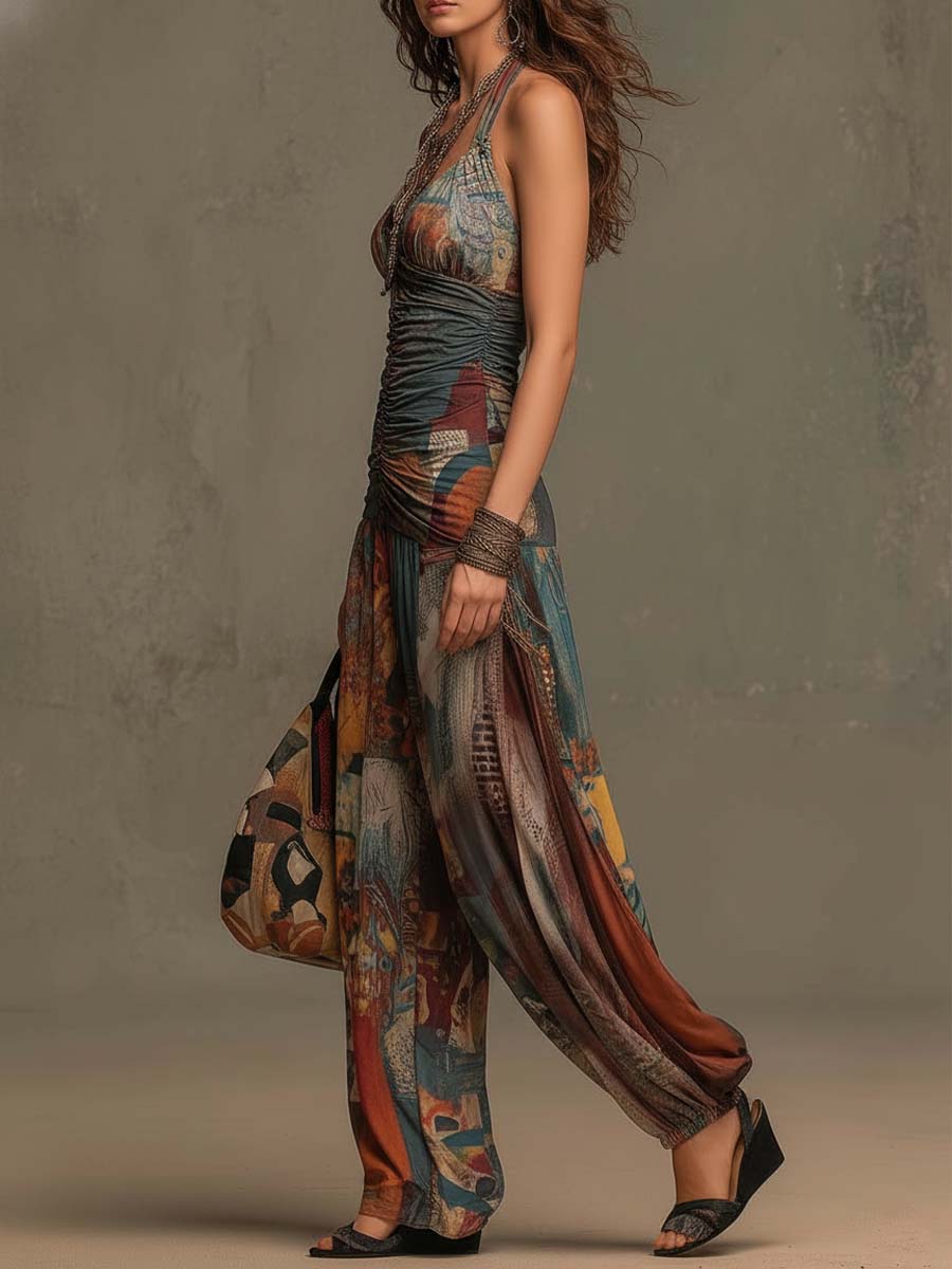 Bohemian Halter Ruched Patchwork Print Wide-Leg Jumpsuit - Image 2