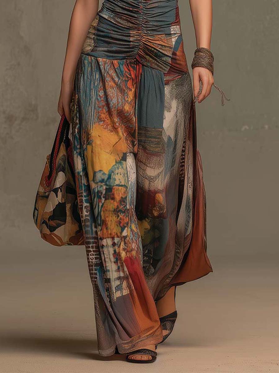 Bohemian Halter Ruched Patchwork Print Wide-Leg Jumpsuit - Image 4