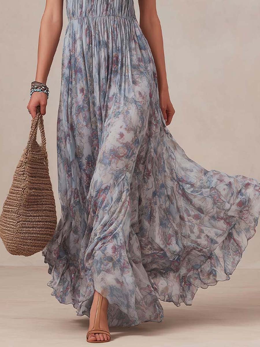 Bohemian Halter Smocked Floral Tiered Maxi Dress - Image 3