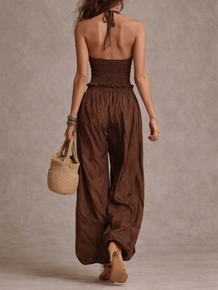 Bohemian Halter Smocked Wide-Leg Jumpsuit - Image 3