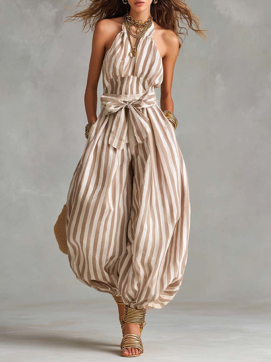 Bohemian Halter Striped Balloon-Leg Jumpsuit With Waist Tie