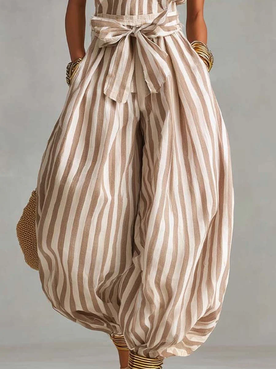 Bohemian Halter Striped Balloon-Leg Jumpsuit With Waist Tie - Image 3