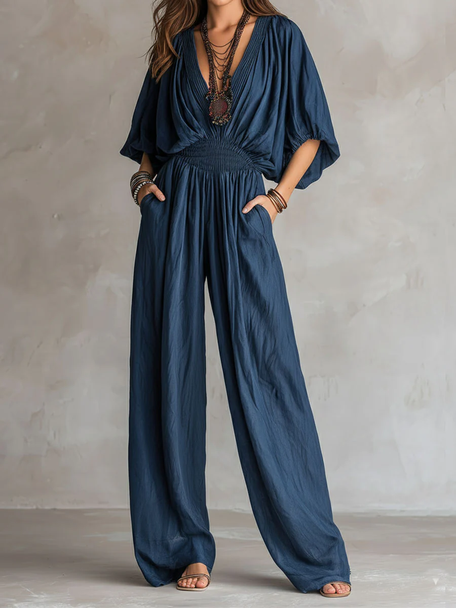 Bohemian Indigo Smocked Waist Jumpsuit - Image 2
