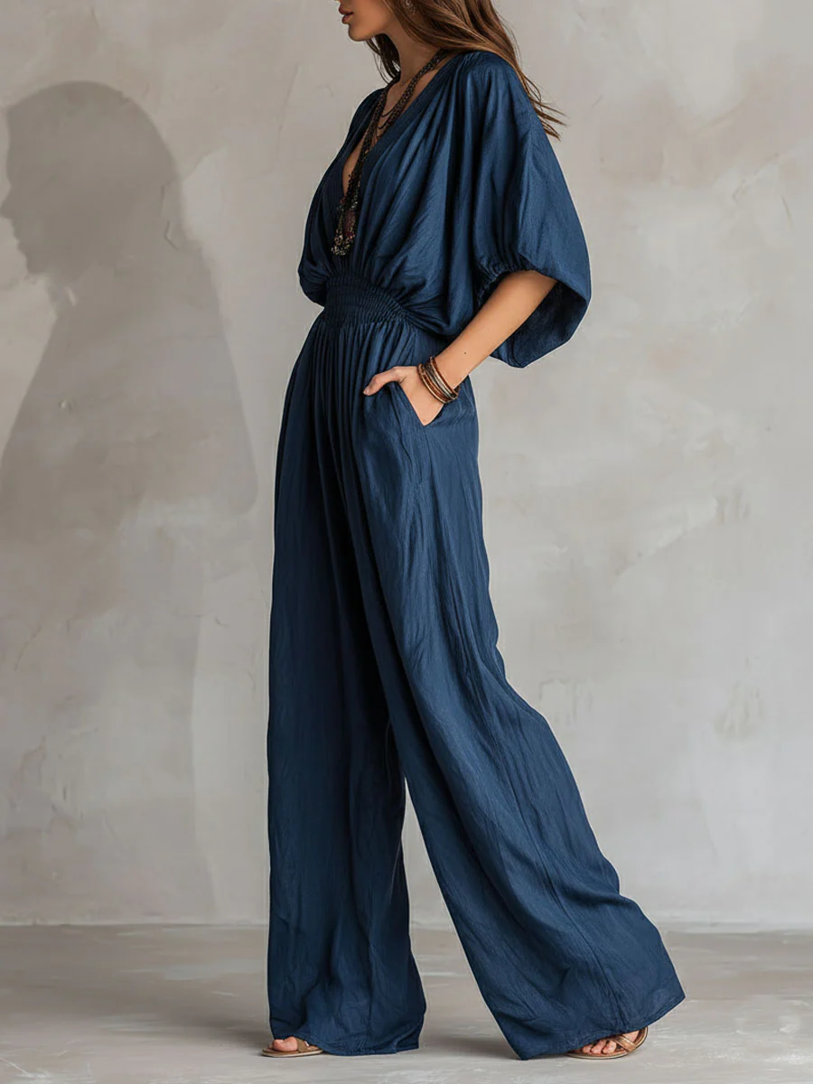 Bohemian Indigo Smocked Waist Jumpsuit - Image 4