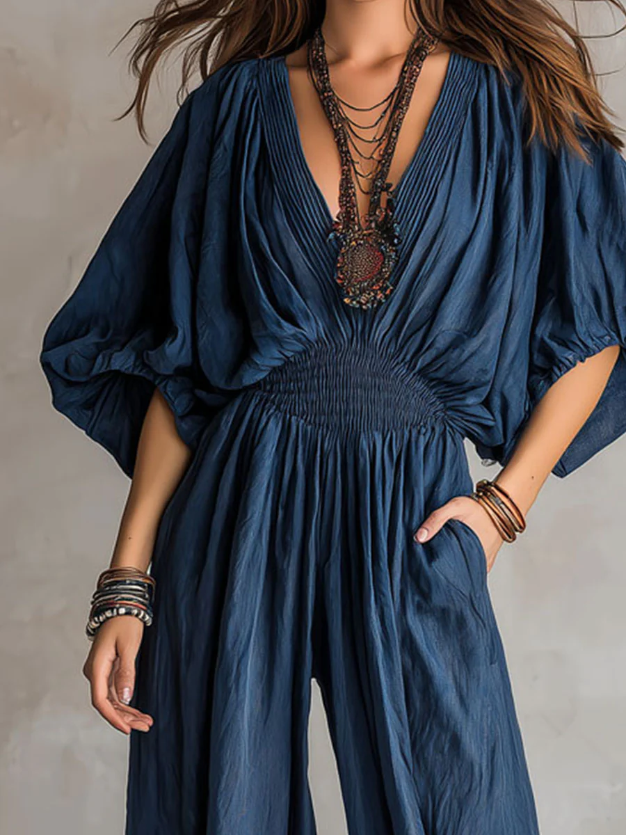 Bohemian Indigo Smocked Waist Jumpsuit - Image 7