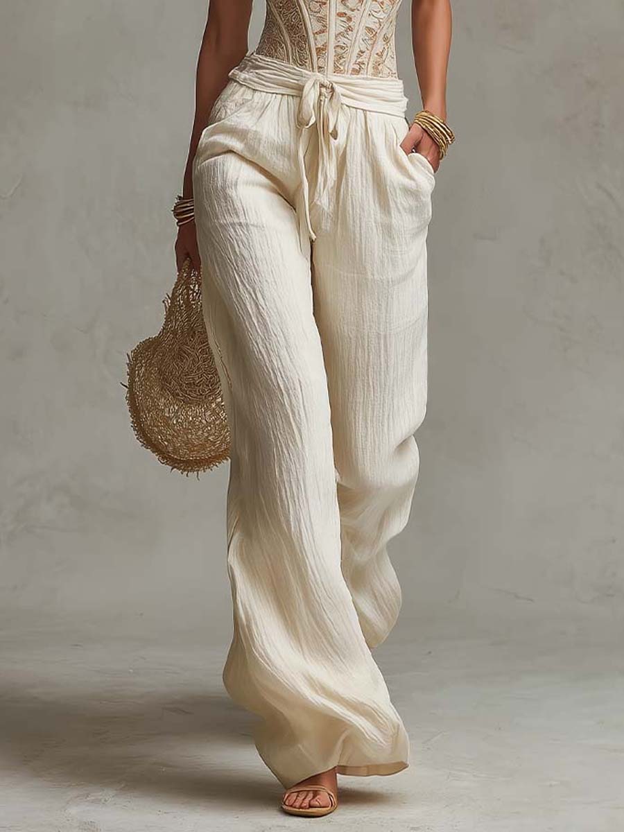 Bohemian Lace Corset & Cotton Wide-Leg Pants Two-Piece Set - Image 3