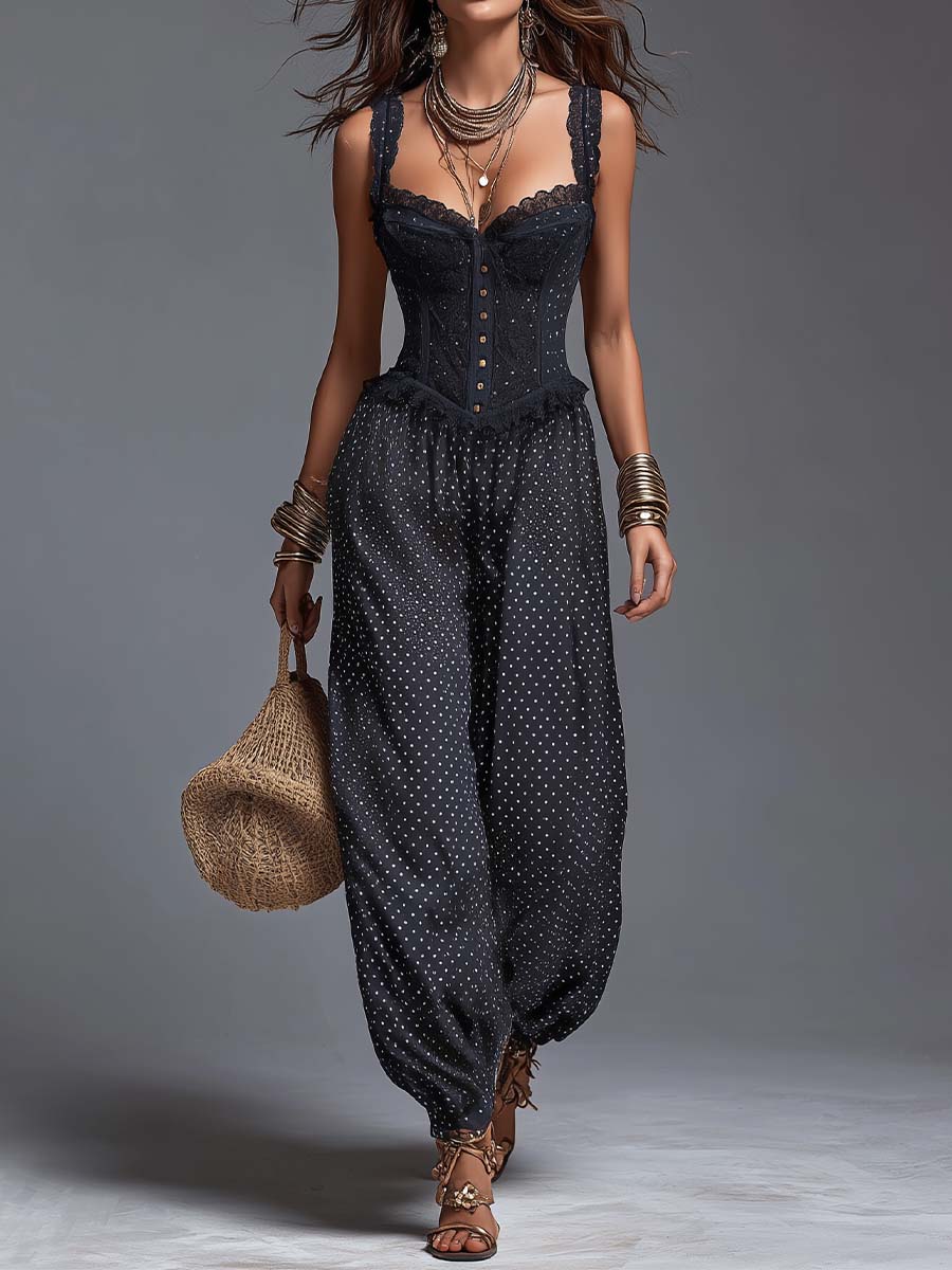 Bohemian Lace Corset Polka Dot Jumpsuit In Black