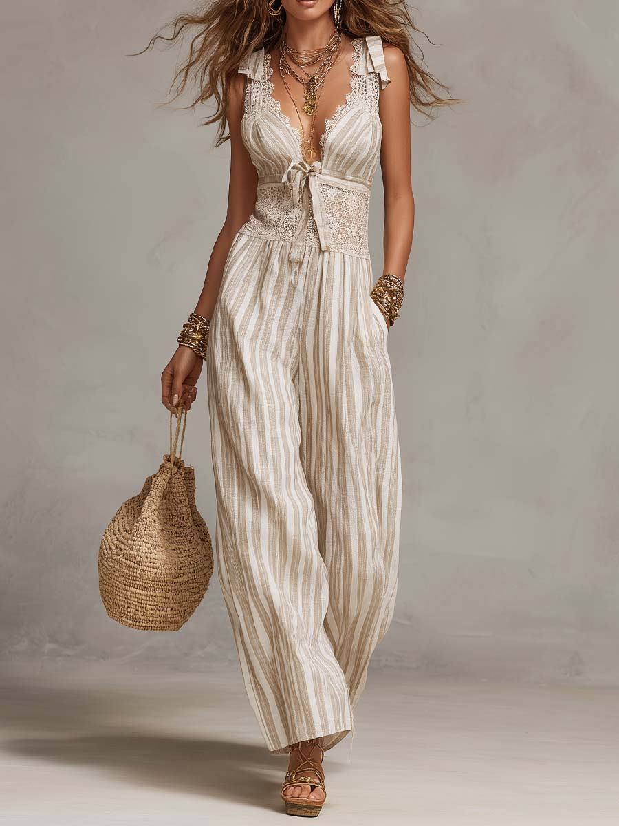 Bohemian Lace Overlay Striped Wide-Leg Jumpsuit