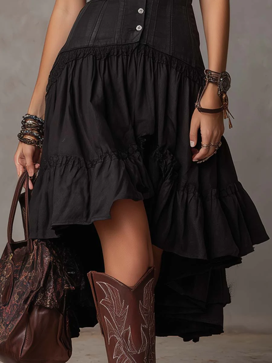 Bohemian Lace Trim Corset Tiered Ruffled Midi Dress - Image 3