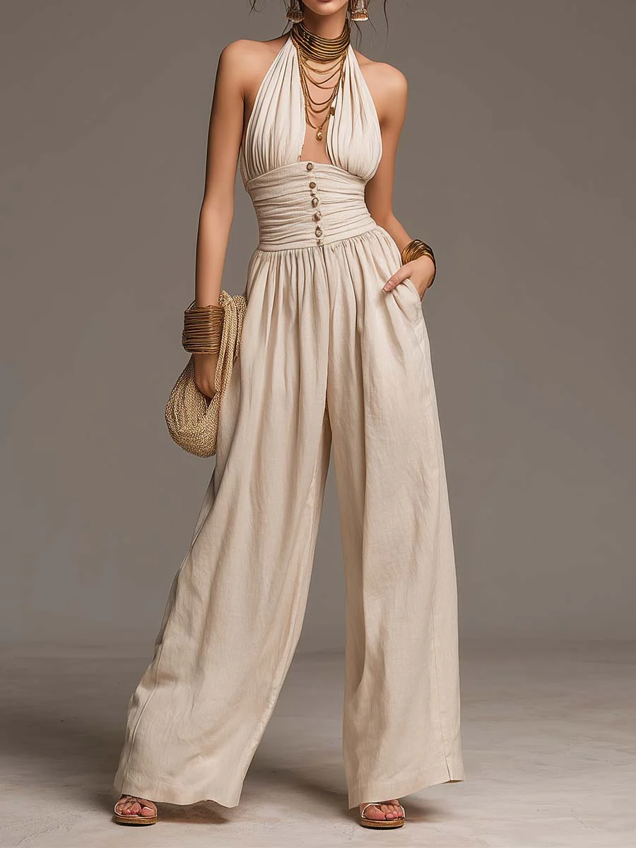 Bohemian Linen-Cotton Halter Ruched Wide-Leg Jumpsuit