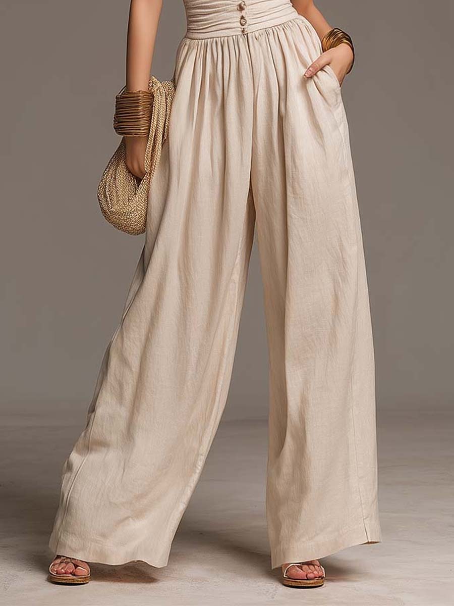 Bohemian Linen-Cotton Halter Ruched Wide-Leg Jumpsuit - Image 2