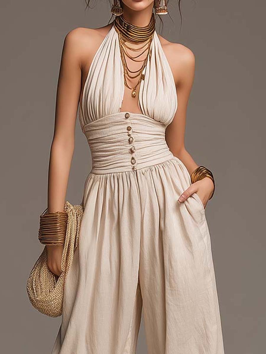 Bohemian Linen-Cotton Halter Ruched Wide-Leg Jumpsuit - Image 3