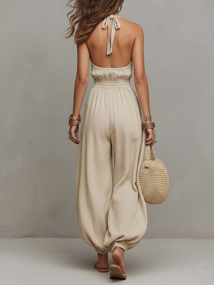 Bohemian Linen-Cotton Halter Smocked Balloon-Leg Jumpsuit - Image 3