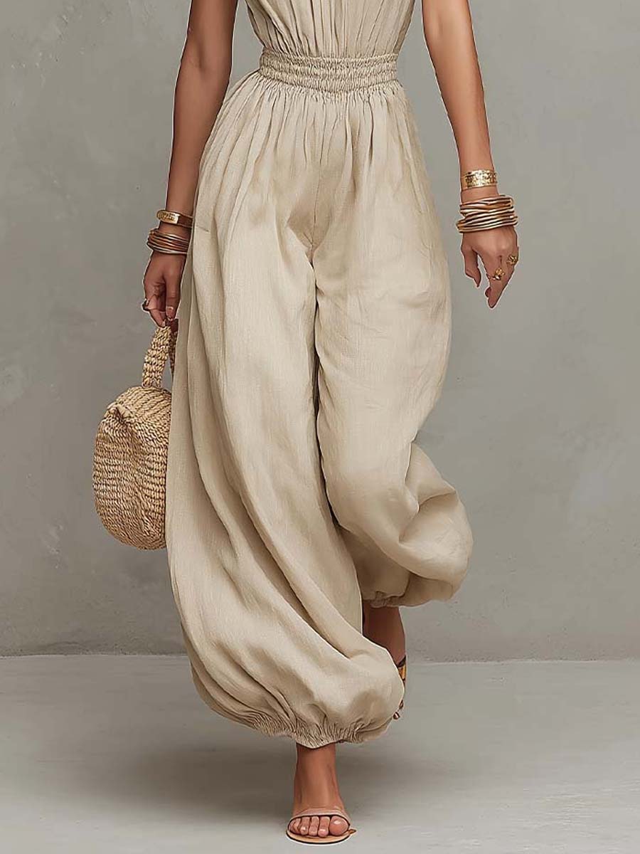 Bohemian Linen-Cotton Halter Smocked Balloon-Leg Jumpsuit - Image 5