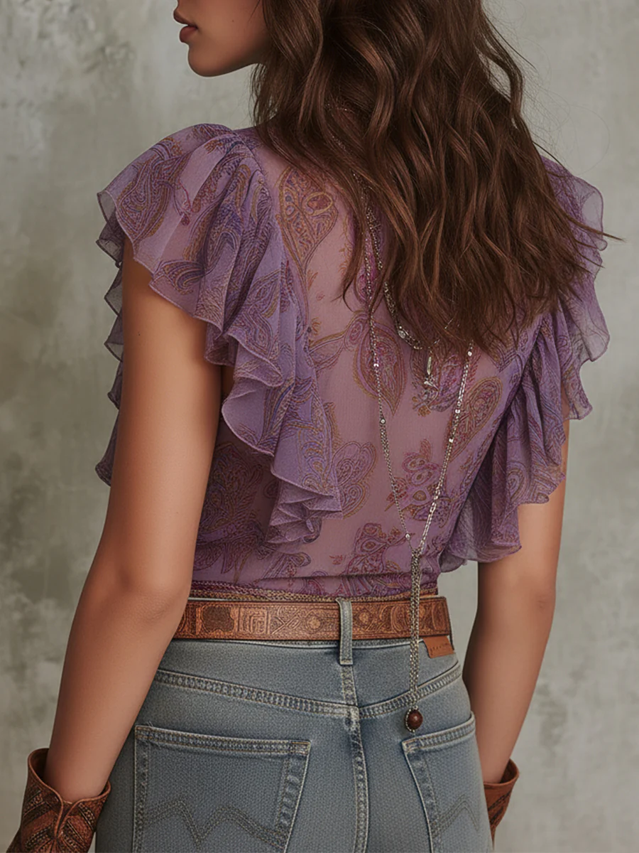 Bohemian Paisley Print Chiffon Blouse With Ruffles - Image 3