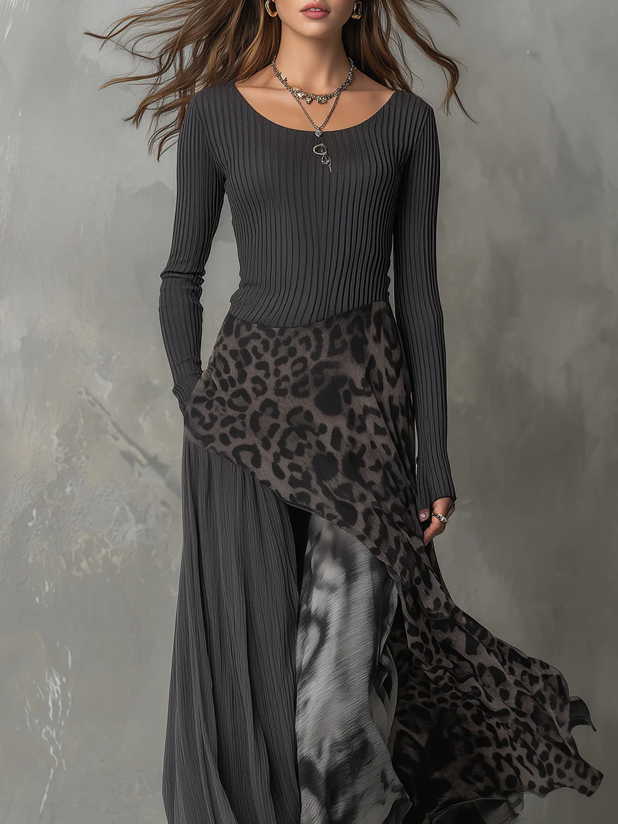 Bohemian Pit Stripe Leopard Print Splicing Irregular Hem Maxi Dress - Image 3