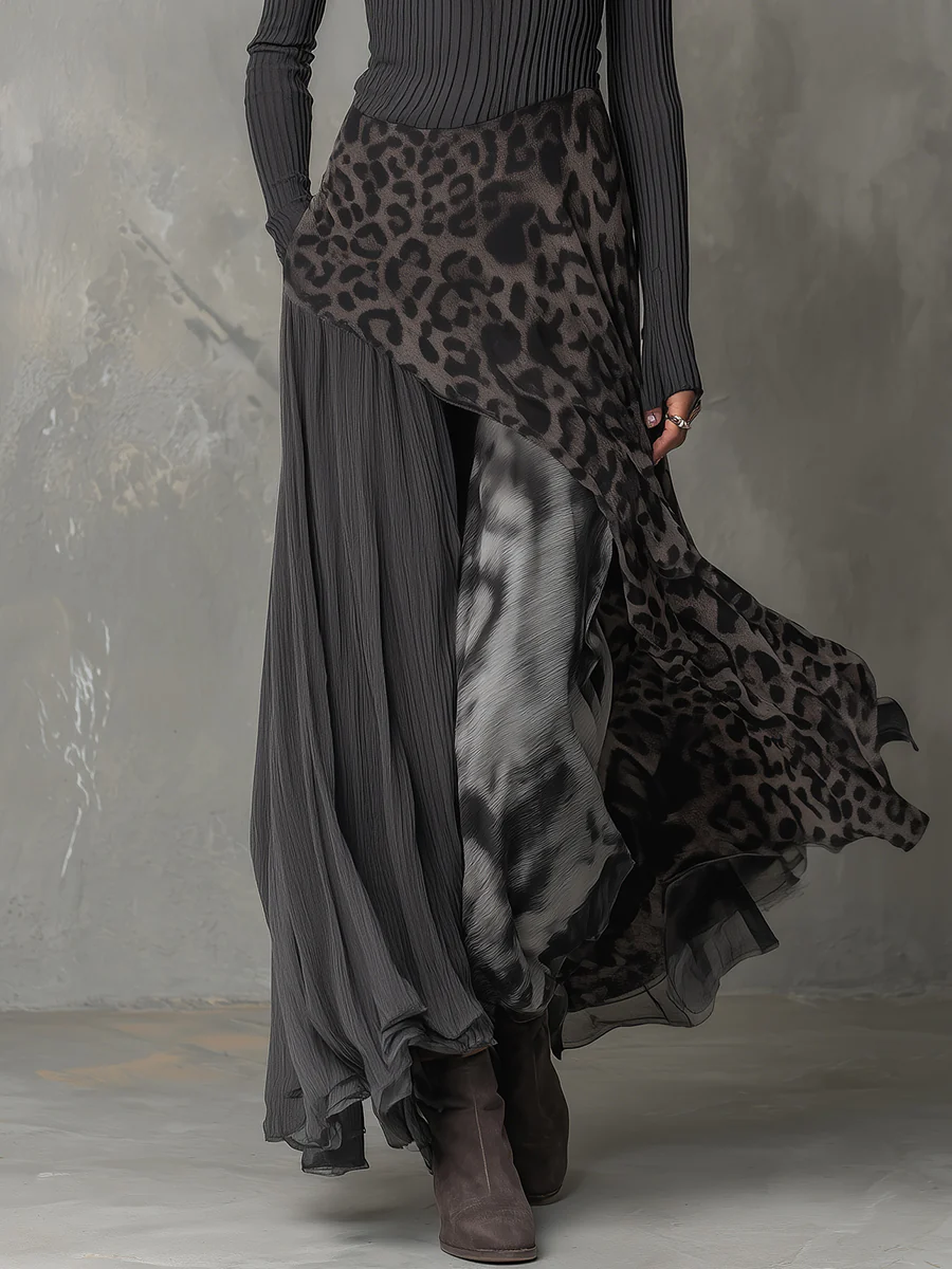 Bohemian Pit Stripe Leopard Print Splicing Irregular Hem Maxi Dress - Image 4