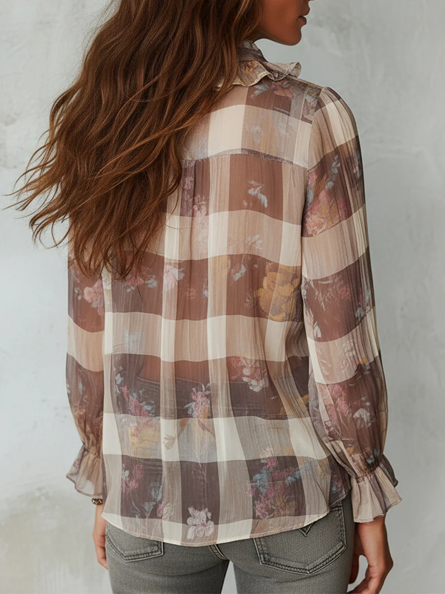Bohemian Plaid Floral Chiffon Print Blouse With Ruffles - Image 3