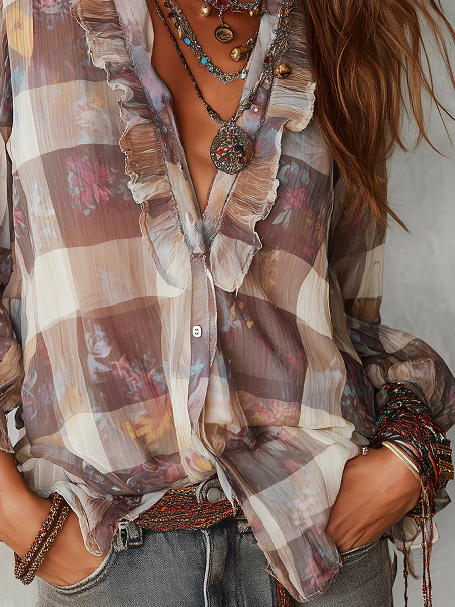 Bohemian Plaid Floral Chiffon Print Blouse With Ruffles - Image 5