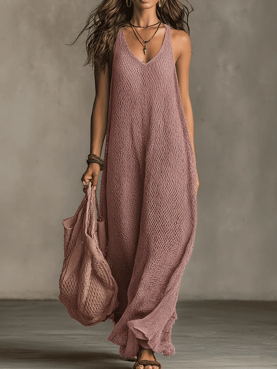 Bohemian Relaxed Sleeveless Wide-Leg Olive Knit Maxi Dress - Image 3
