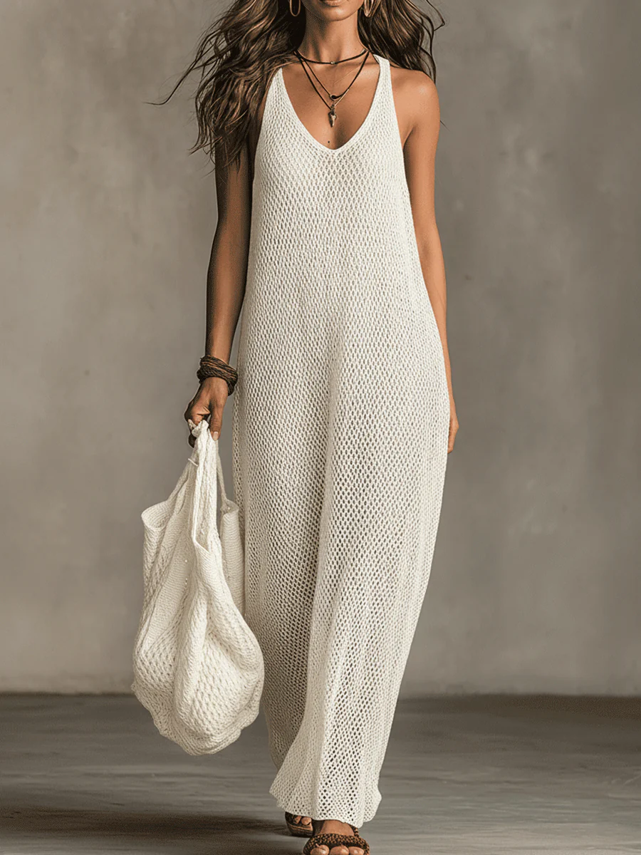 Bohemian Relaxed Sleeveless Wide-Leg Olive Knit Maxi Dress - Image 6