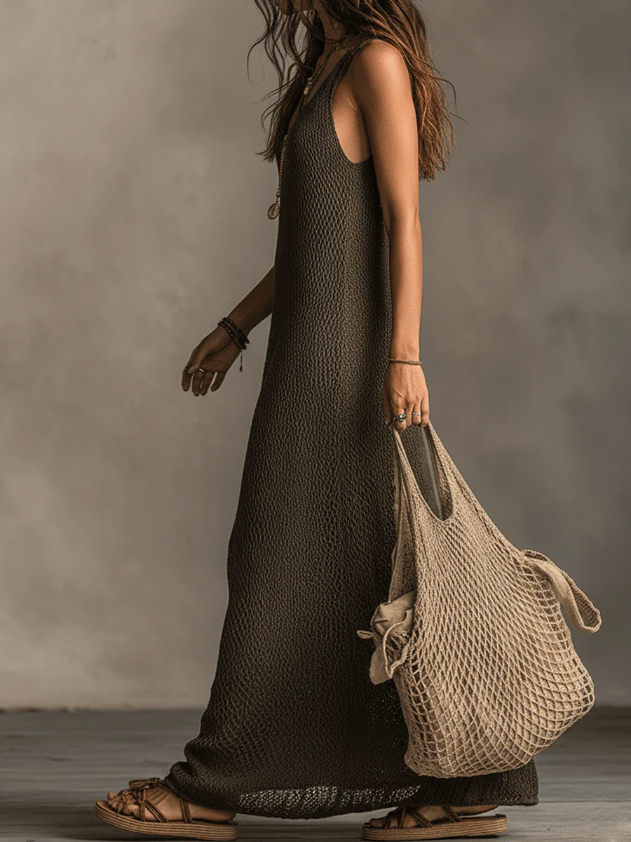 Bohemian Relaxed Sleeveless Wide-Leg Olive Knit Maxi Dress - Image 8