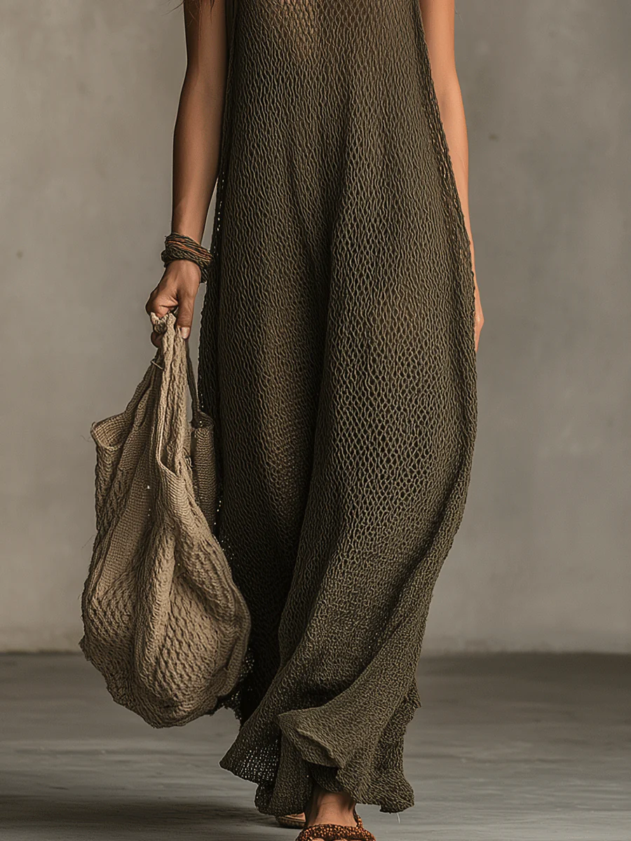 Bohemian Relaxed Sleeveless Wide-Leg Olive Knit Maxi Dress - Image 9