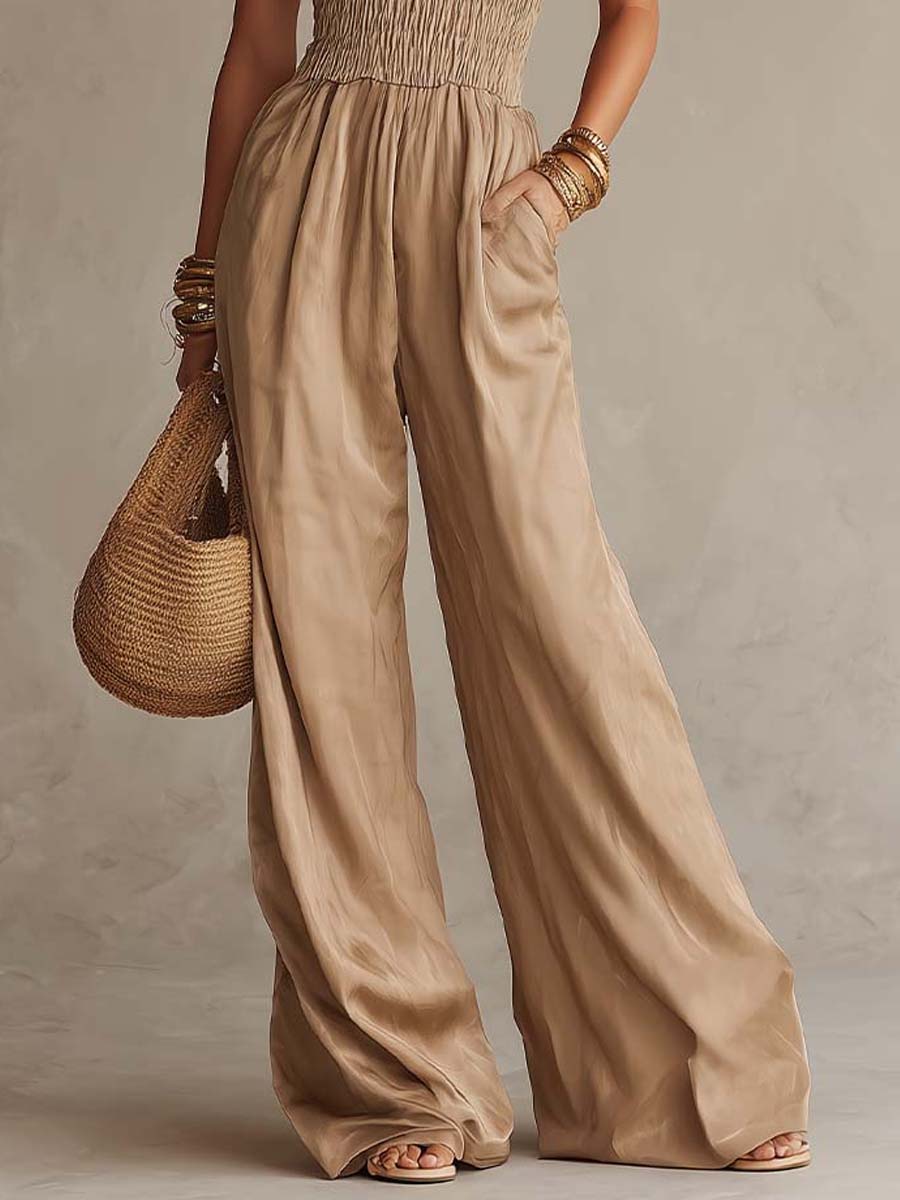 Bohemian Satin Halter Smocked Wide-Leg Jumpsuit - Image 3