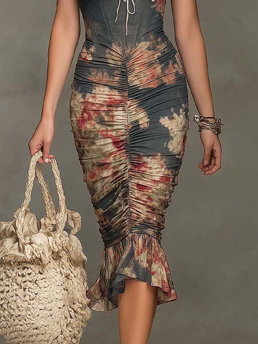 Bohemian Satin Vintage Floral Print Halter Lace Trim Ruched Midi Dress - Image 5