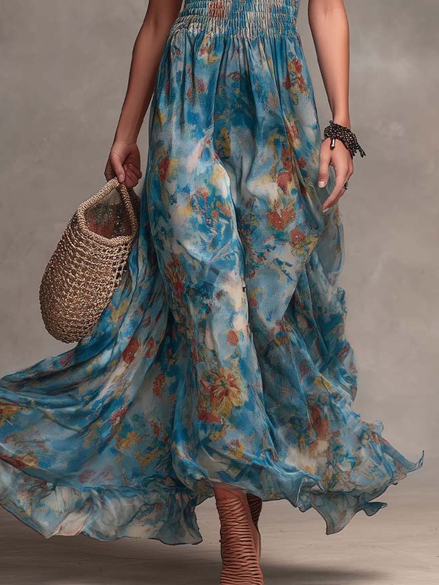 Bohemian Spaghetti Strap Smocked Floral Maxi Dress - Image 3