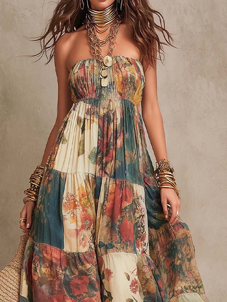 Bohemian Strapless Patchwork Floral Tiered Maxi Dress - Image 2