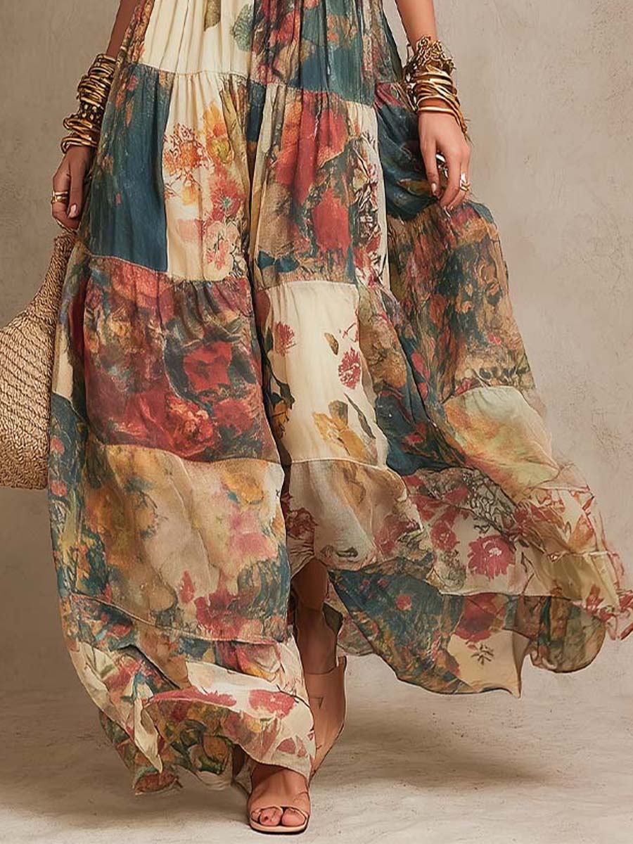 Bohemian Strapless Patchwork Floral Tiered Maxi Dress - Image 3