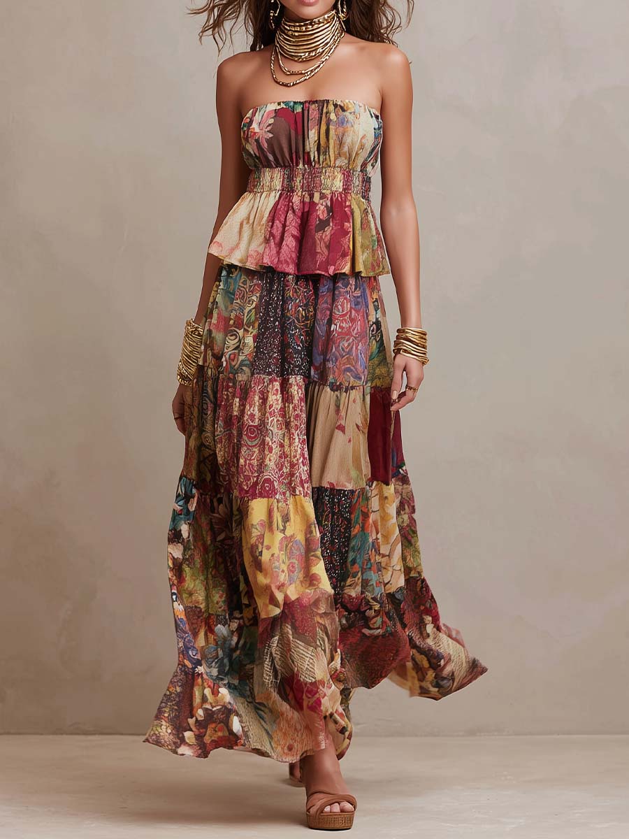 Bohemian Strapless Patchwork Print Tiered Maxi Dress