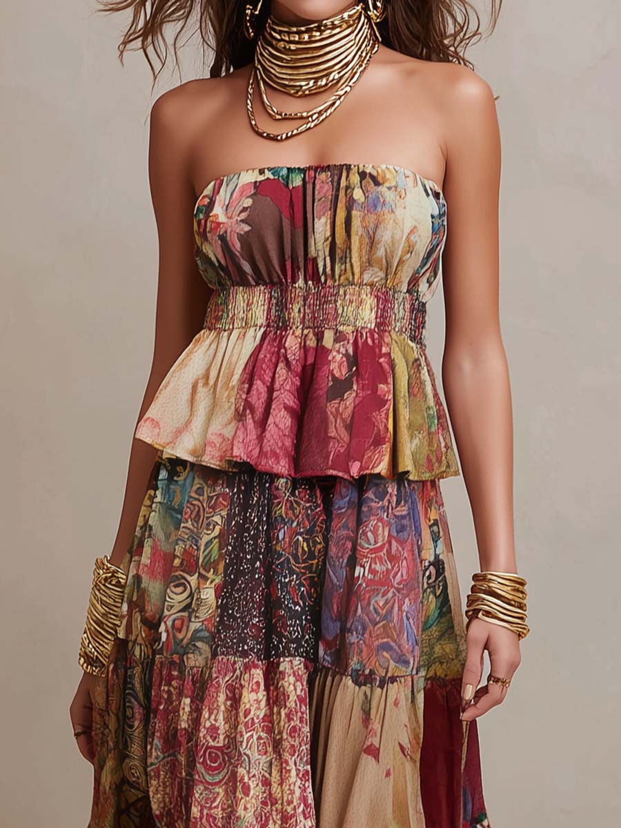 Bohemian Strapless Patchwork Print Tiered Maxi Dress - Image 2