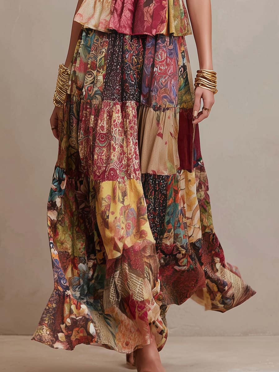 Bohemian Strapless Patchwork Print Tiered Maxi Dress - Image 3