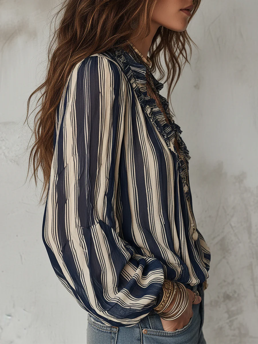 Bohemian Striped Chiffon Blouse With Ruffles - Image 2