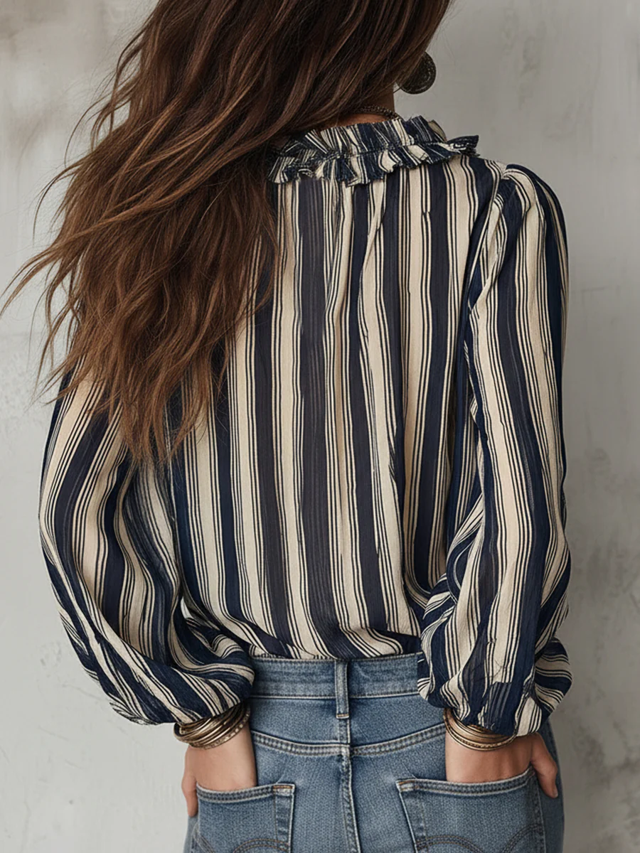 Bohemian Striped Chiffon Blouse With Ruffles - Image 3
