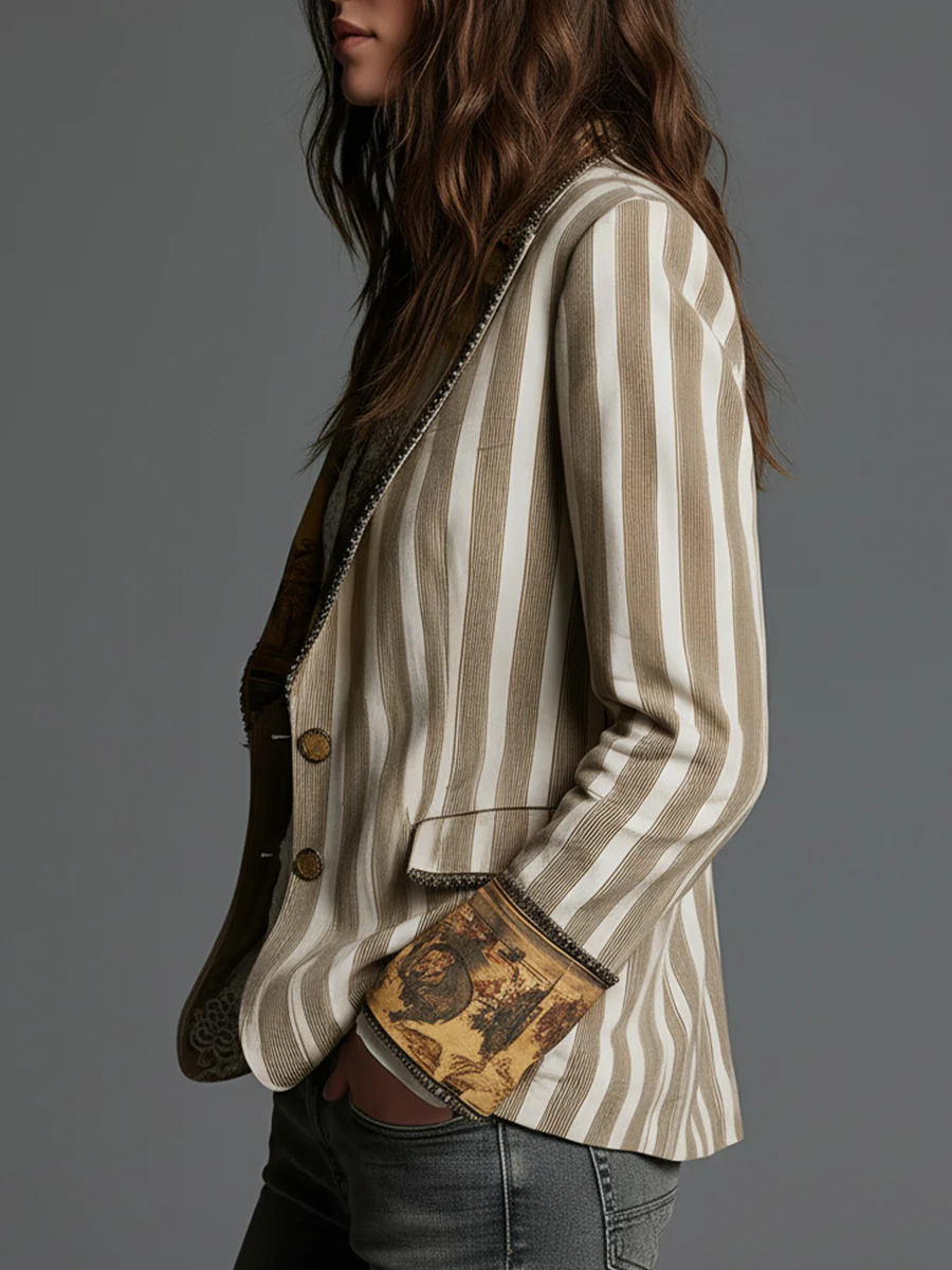 Bohemian Striped Cotton Blazer With Printed Lapels - Image 2