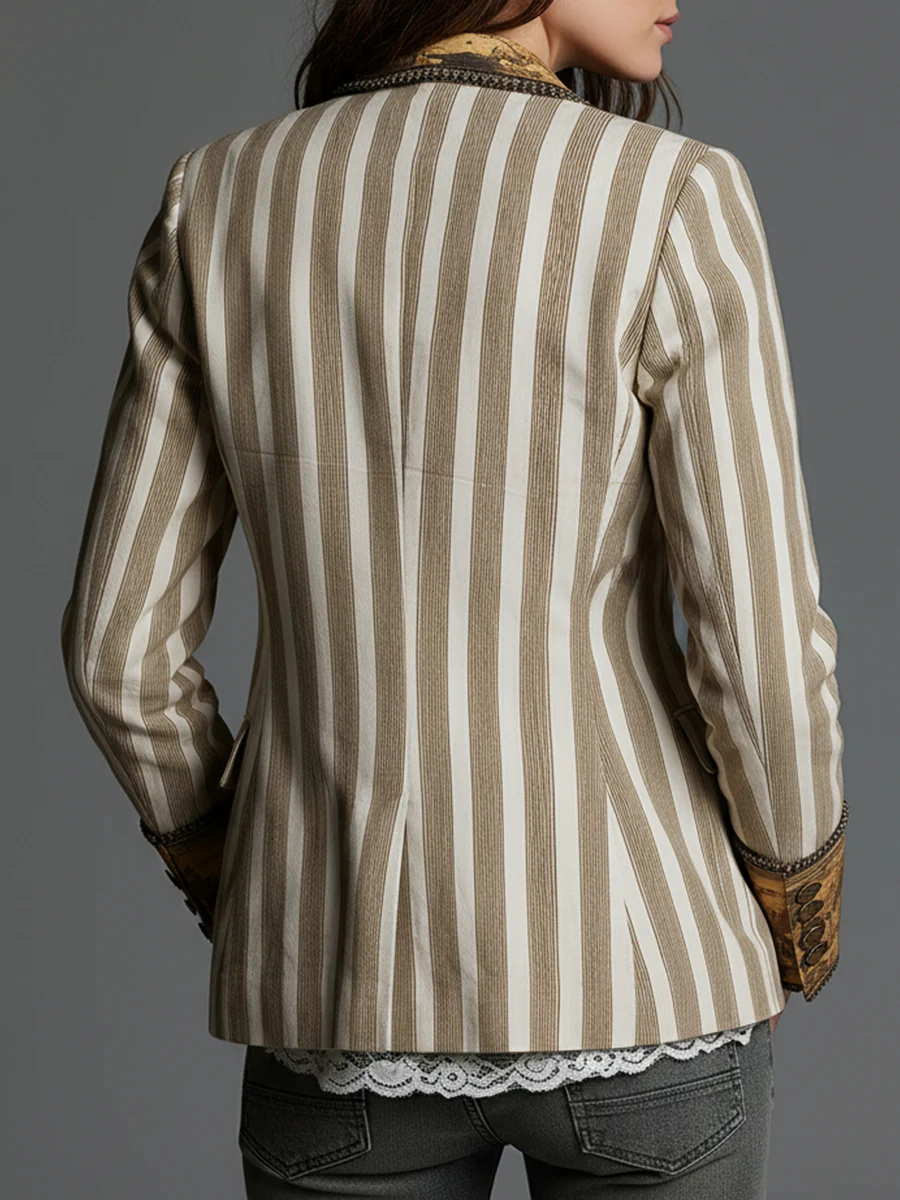 Bohemian Striped Cotton Blazer With Printed Lapels - Image 3