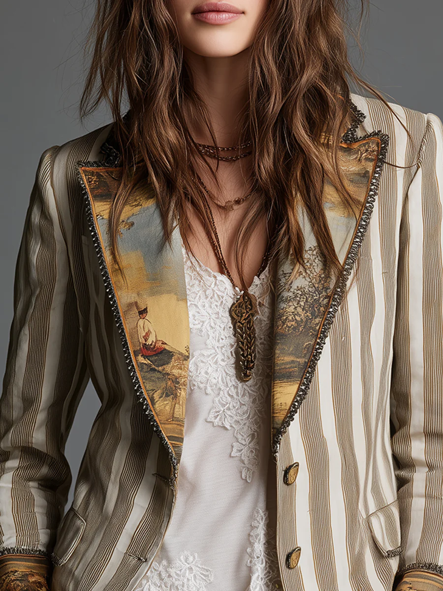 Bohemian Striped Cotton Blazer With Printed Lapels - Image 4