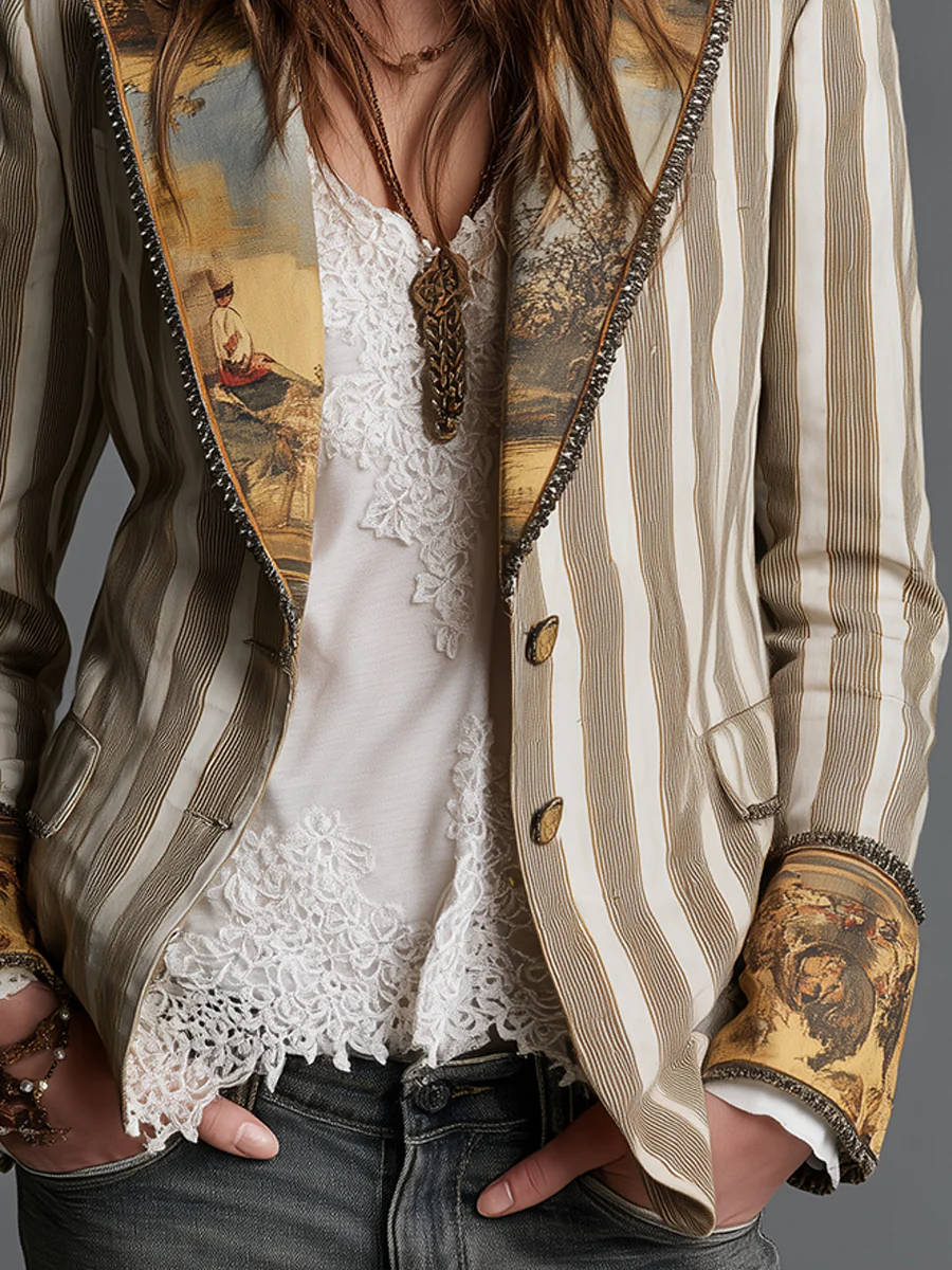 Bohemian Striped Cotton Blazer With Printed Lapels - Image 5